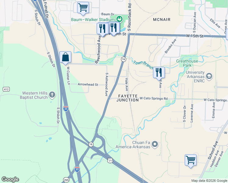 map of restaurants, bars, coffee shops, grocery stores, and more near 1983 South Razorback Road in Fayetteville