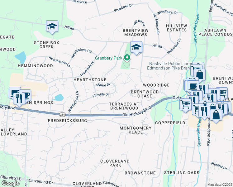 map of restaurants, bars, coffee shops, grocery stores, and more near 5929 Fireside Drive in Brentwood
