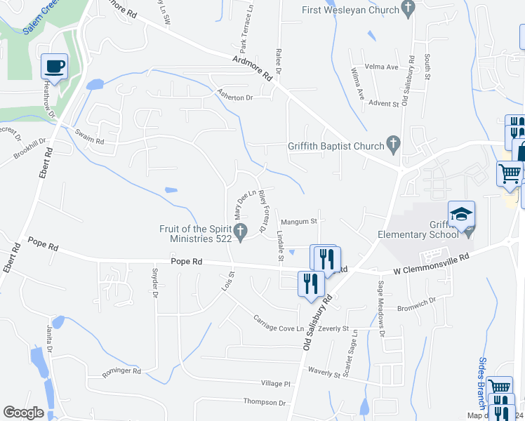 map of restaurants, bars, coffee shops, grocery stores, and more near 2330 Riley Forest Drive in Winston-Salem