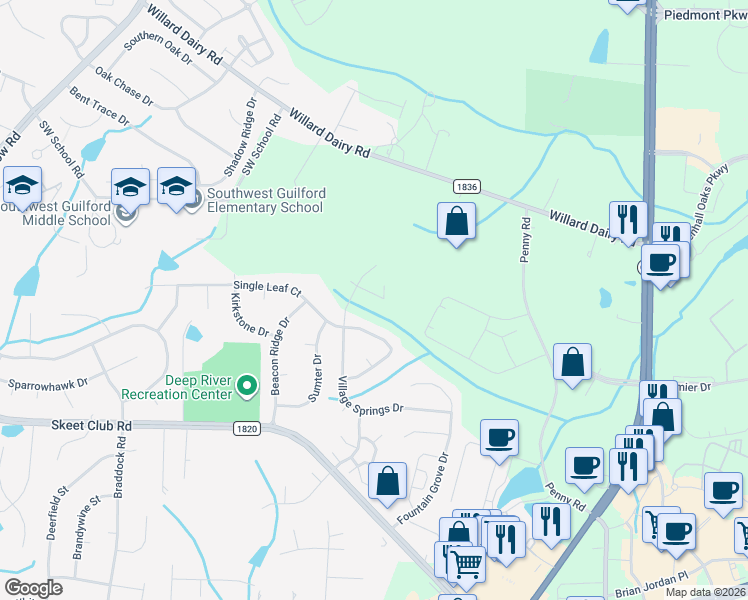 map of restaurants, bars, coffee shops, grocery stores, and more near 3705 Single Leaf Circle in High Point