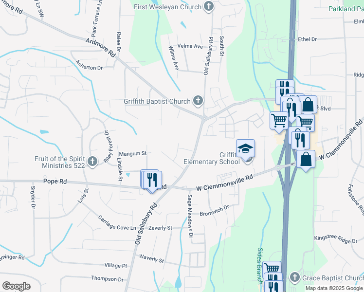 map of restaurants, bars, coffee shops, grocery stores, and more near 1689 Grand Springs Drive in Winston-Salem