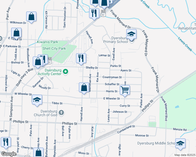 map of restaurants, bars, coffee shops, grocery stores, and more near 1601 Countryman Street in Dyersburg