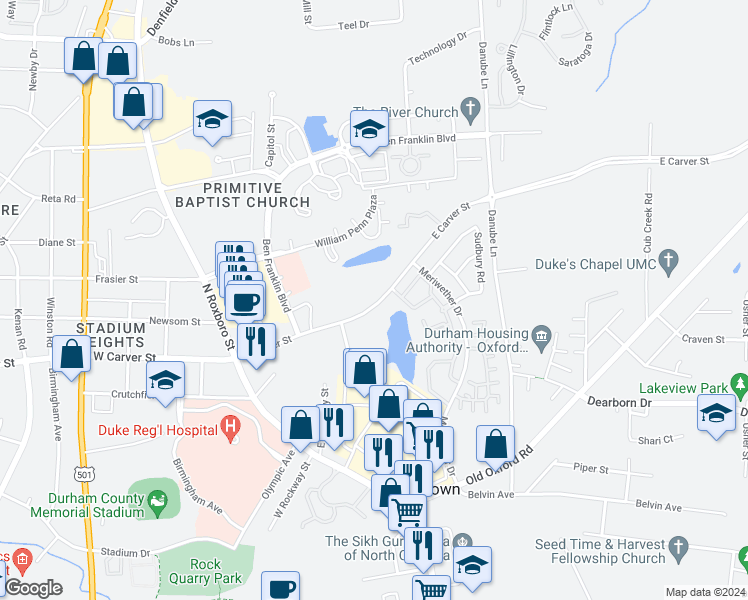 map of restaurants, bars, coffee shops, grocery stores, and more near 321 East Carver Street in Durham