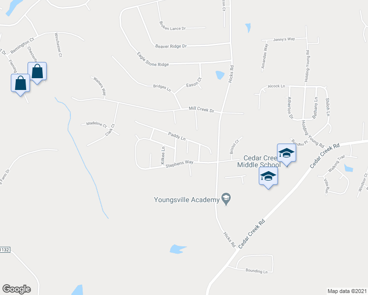 map of restaurants, bars, coffee shops, grocery stores, and more near 30 James Joyce Court in Youngsville