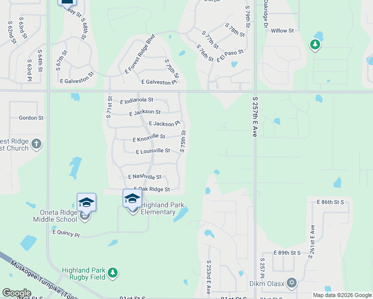 map of restaurants, bars, coffee shops, grocery stores, and more near 1017 South 75th Street in Broken Arrow