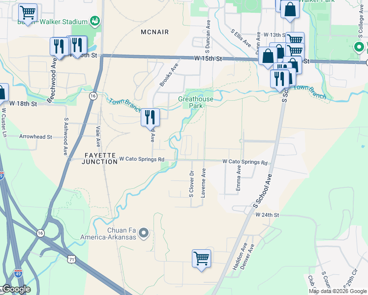 map of restaurants, bars, coffee shops, grocery stores, and more near 956 West Cato Springs Road in Fayetteville