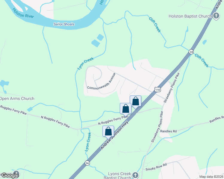 map of restaurants, bars, coffee shops, grocery stores, and more near 9333 Gabrielle Road in Strawberry Plains