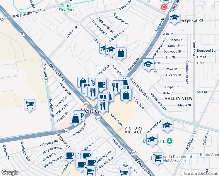 map of restaurants, bars, coffee shops, grocery stores, and more near 100 North Ocotillo Street in Henderson