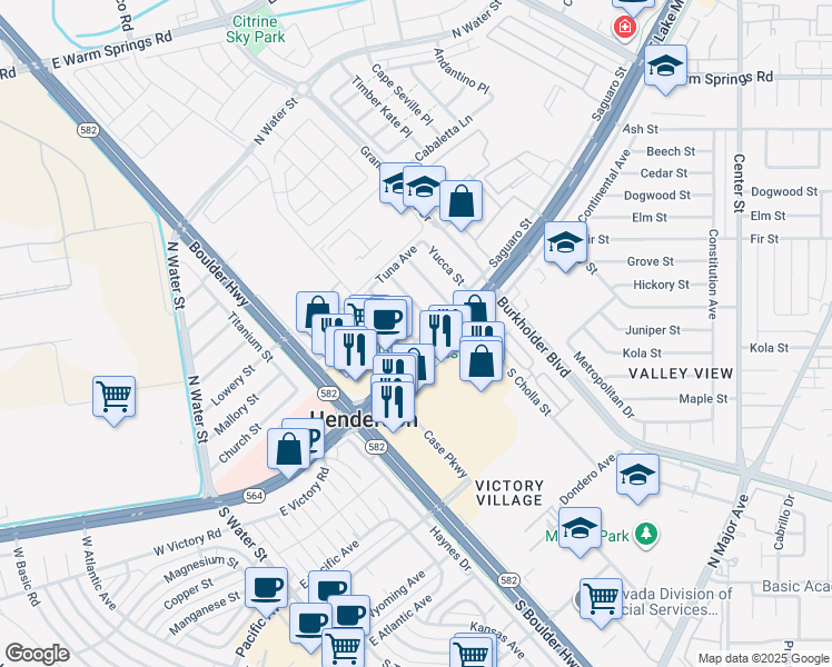 map of restaurants, bars, coffee shops, grocery stores, and more near 100 North Ocotillo Street in Henderson