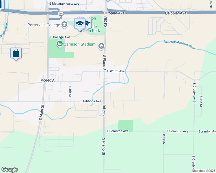 map of restaurants, bars, coffee shops, grocery stores, and more near 1319 South Plano Street in Porterville