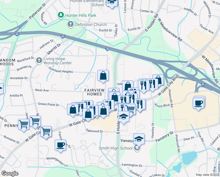 map of restaurants, bars, coffee shops, grocery stores, and more near 1915 Boulevard Street in Greensboro