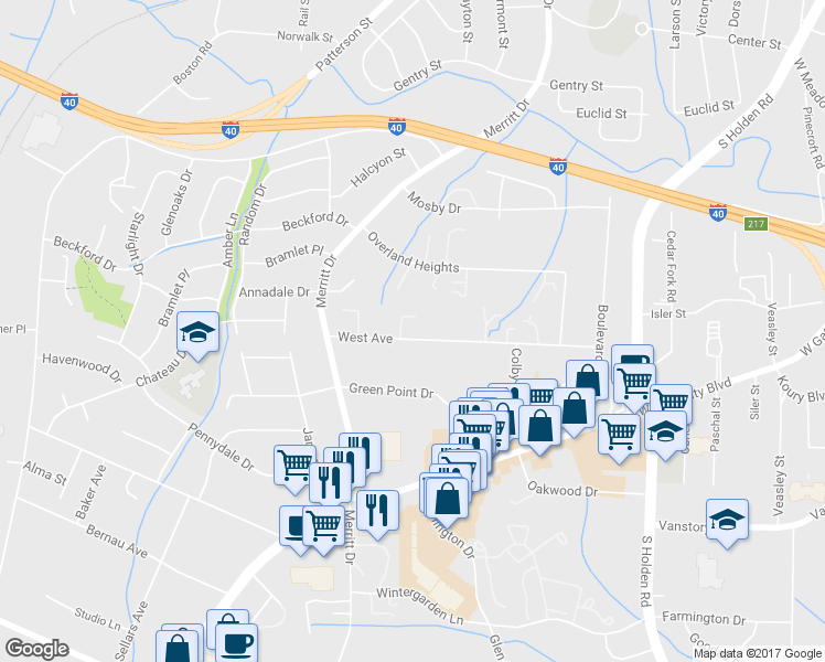 map of restaurants, bars, coffee shops, grocery stores, and more near 3834 West Avenue in Greensboro