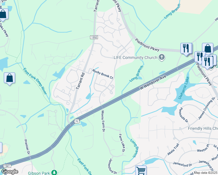 map of restaurants, bars, coffee shops, grocery stores, and more near 3630 Morris Farm Drive in Greensboro