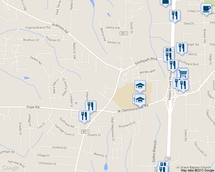 map of restaurants, bars, coffee shops, grocery stores, and more near 1689 Grand Springs Drive in Winston-Salem