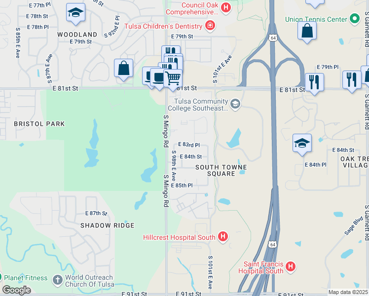 map of restaurants, bars, coffee shops, grocery stores, and more near 9834 East 83rd Place in Tulsa