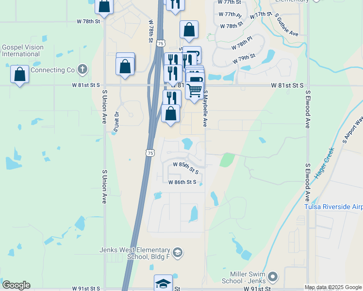 map of restaurants, bars, coffee shops, grocery stores, and more near 8409 South Olympia Avenue West in Tulsa