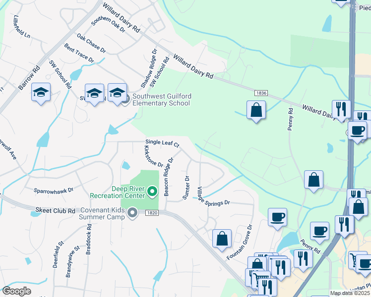 map of restaurants, bars, coffee shops, grocery stores, and more near 3677 Single Leaf Court in High Point