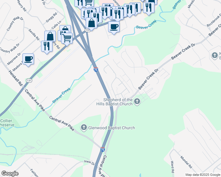 map of restaurants, bars, coffee shops, grocery stores, and more near 7349 Long Shot Lane in Knoxville