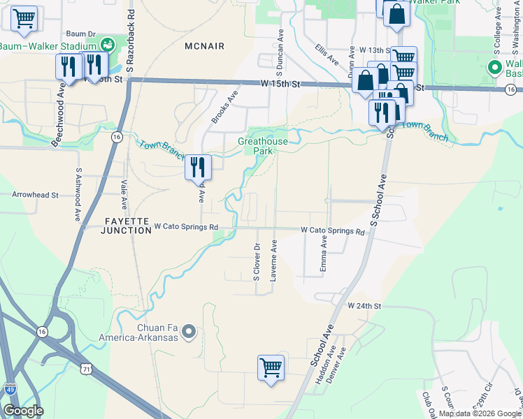 map of restaurants, bars, coffee shops, grocery stores, and more near 2035 Cline Avenue in Fayetteville