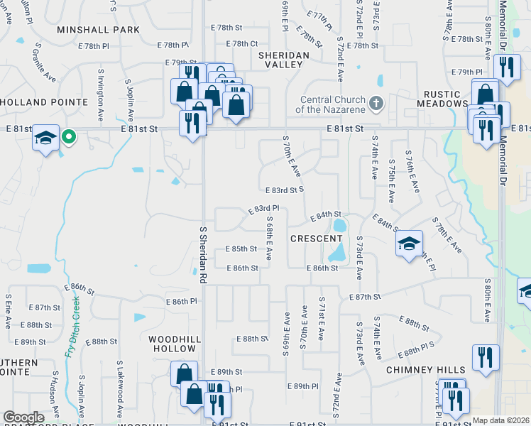 map of restaurants, bars, coffee shops, grocery stores, and more near 6722 East 83rd Place in Tulsa
