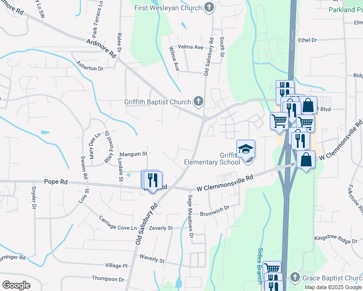 map of restaurants, bars, coffee shops, grocery stores, and more near 1689 Grand Springs Drive in Winston-Salem