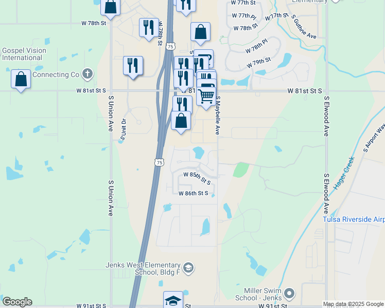 map of restaurants, bars, coffee shops, grocery stores, and more near 8409 South Olympia Avenue West in Tulsa
