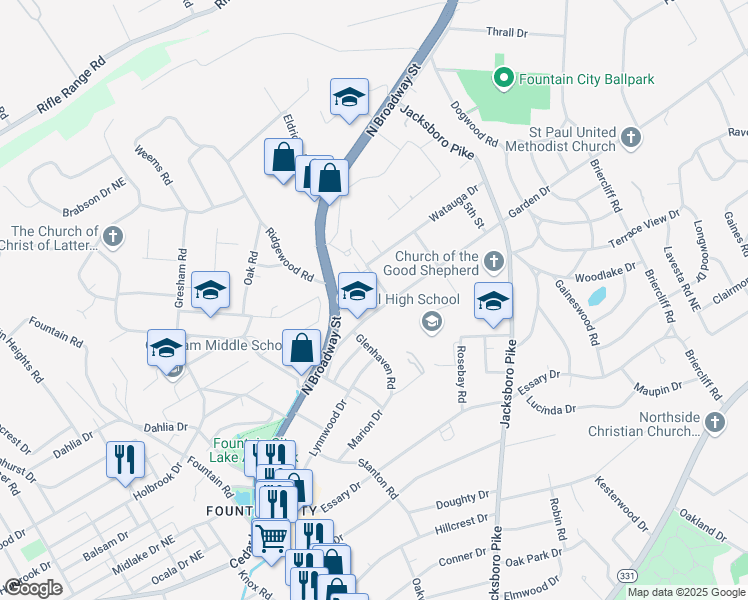 map of restaurants, bars, coffee shops, grocery stores, and more near 3237 Garden Drive in Knoxville