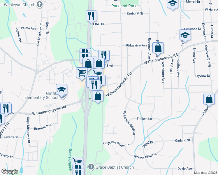 map of restaurants, bars, coffee shops, grocery stores, and more near 1020 Orchard View Drive in Winston-Salem