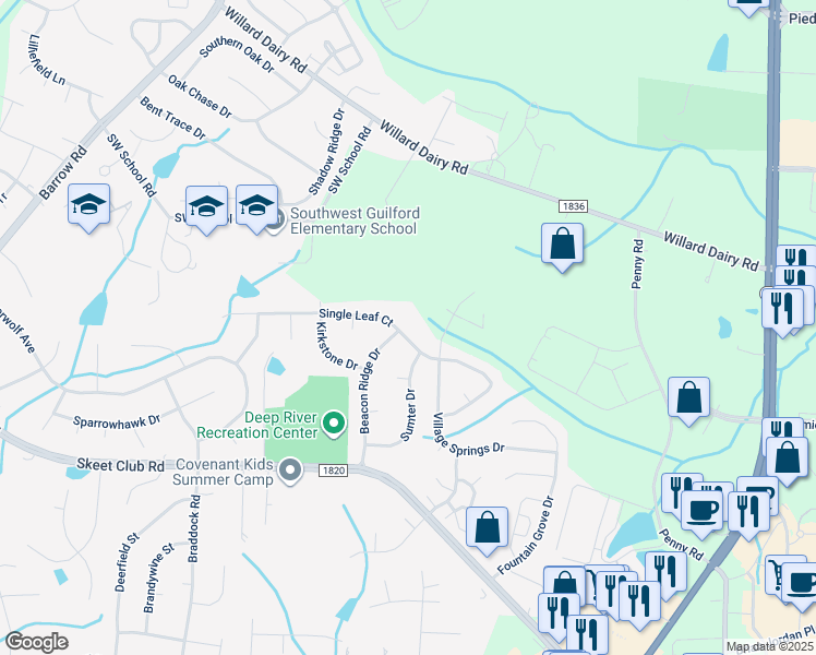 map of restaurants, bars, coffee shops, grocery stores, and more near 3677 Single Leaf Court in High Point