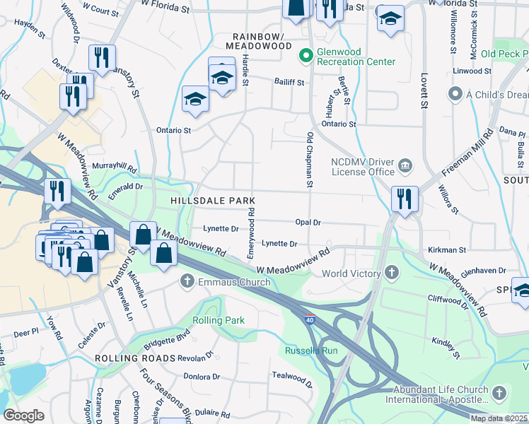 map of restaurants, bars, coffee shops, grocery stores, and more near 2225 Emerywood Road in Greensboro