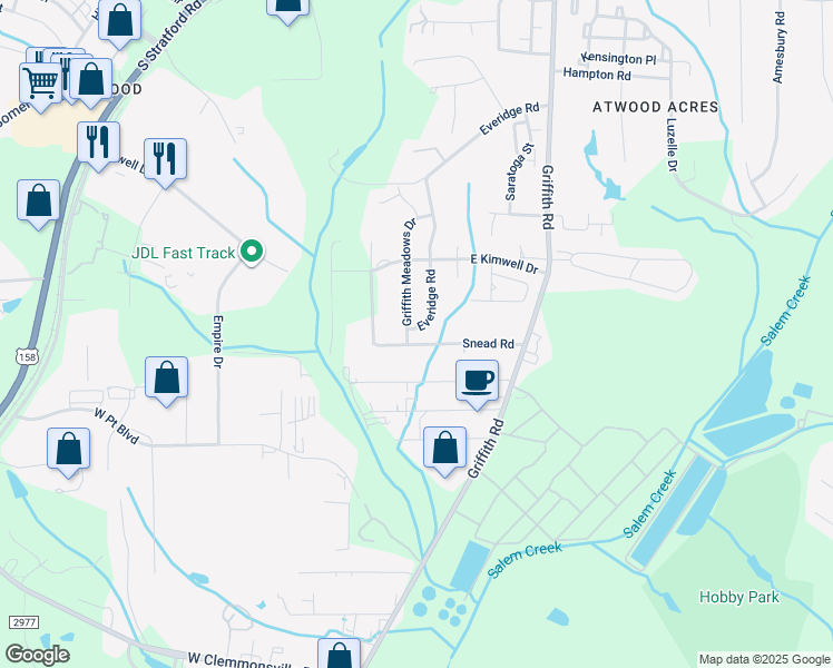 map of restaurants, bars, coffee shops, grocery stores, and more near 106 Everidge Road in Winston-Salem