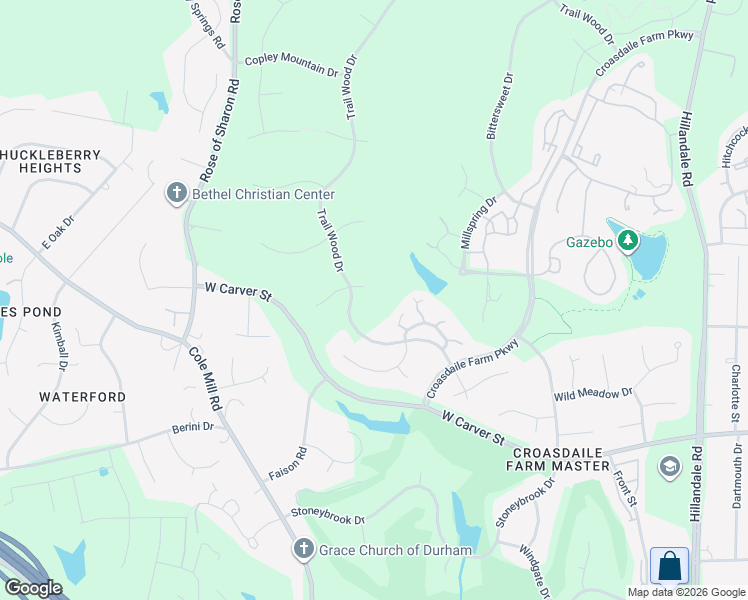 map of restaurants, bars, coffee shops, grocery stores, and more near 3603 Dairy Pond Place in Durham