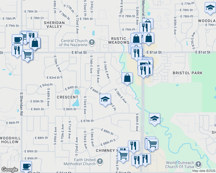 map of restaurants, bars, coffee shops, grocery stores, and more near 7508 East 83rd Place in Tulsa