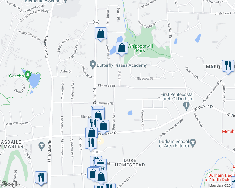 map of restaurants, bars, coffee shops, grocery stores, and more near 3514 Preston Avenue in Durham