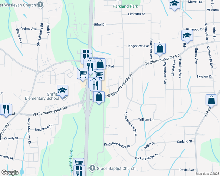 map of restaurants, bars, coffee shops, grocery stores, and more near 1020 Orchard View Drive in Winston-Salem