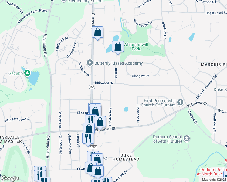 map of restaurants, bars, coffee shops, grocery stores, and more near 3514 Preston Avenue in Durham