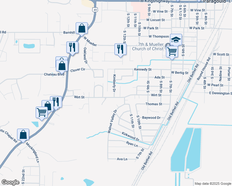 map of restaurants, bars, coffee shops, grocery stores, and more near 1417 Kimberly Drive in Paragould
