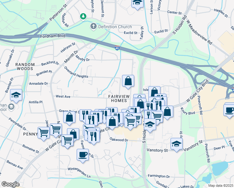 map of restaurants, bars, coffee shops, grocery stores, and more near 1920 Peale Terrace in Greensboro