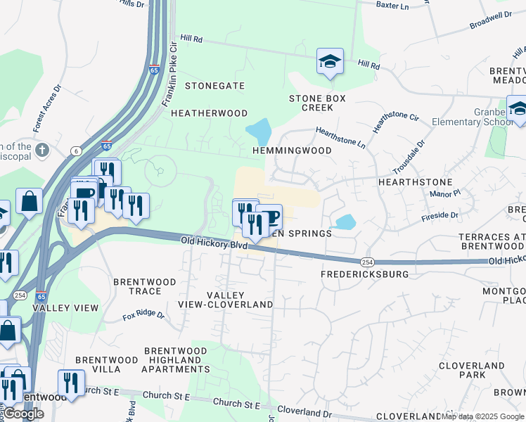 map of restaurants, bars, coffee shops, grocery stores, and more near 310 Seven Springs Way in Brentwood