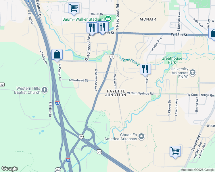 map of restaurants, bars, coffee shops, grocery stores, and more near 1438 West Cato Springs Road in Fayetteville