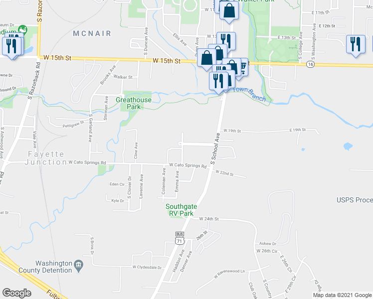map of restaurants, bars, coffee shops, grocery stores, and more near 535 West Research Center Boulevard in Fayetteville