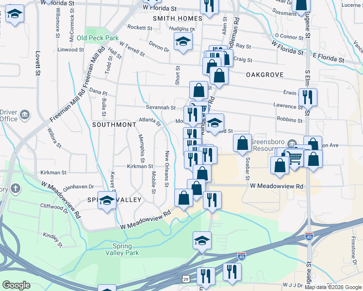map of restaurants, bars, coffee shops, grocery stores, and more near 2307 Columbus Street in Greensboro