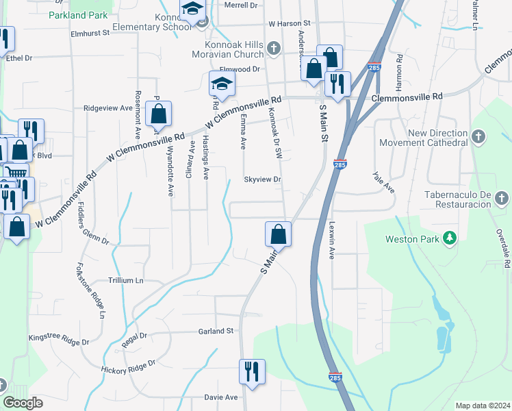 map of restaurants, bars, coffee shops, grocery stores, and more near 257 Konnoak Village Circle in Winston-Salem