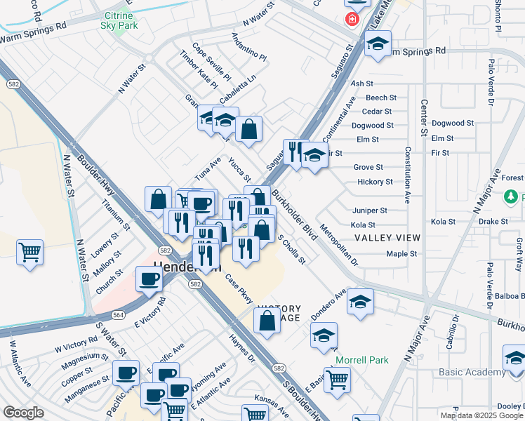 map of restaurants, bars, coffee shops, grocery stores, and more near 176 Palisade Steep Lane in Henderson