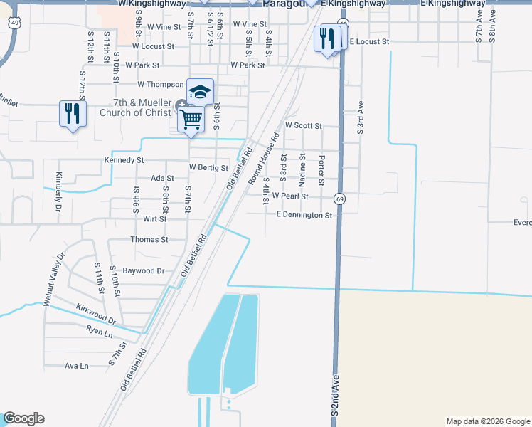 map of restaurants, bars, coffee shops, grocery stores, and more near 500 East Dennington Street in Paragould