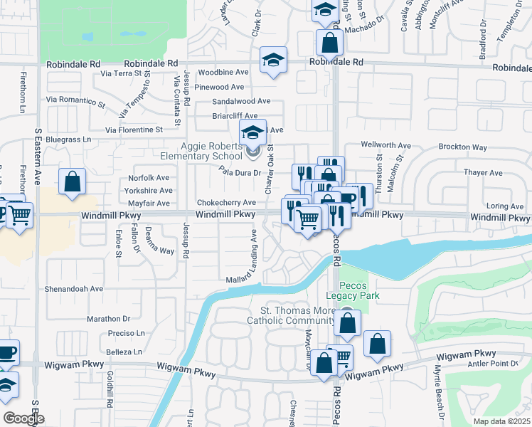map of restaurants, bars, coffee shops, grocery stores, and more near 2657 Windmill Parkway in Henderson