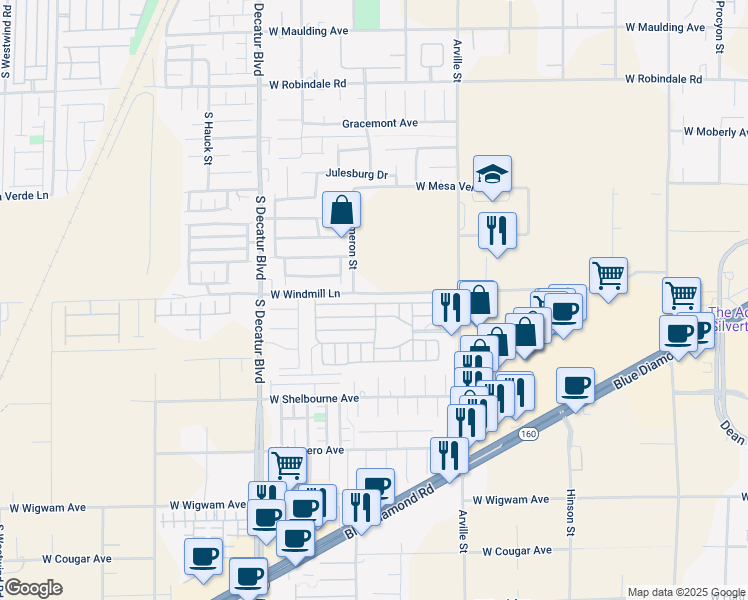 map of restaurants, bars, coffee shops, grocery stores, and more near 8175 Arville Street in Las Vegas