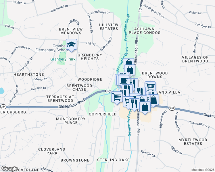 map of restaurants, bars, coffee shops, grocery stores, and more near 5707 Brentwood Meadows Circle in Brentwood