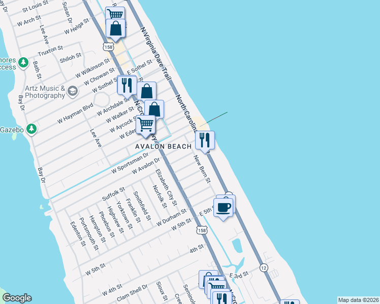 map of restaurants, bars, coffee shops, grocery stores, and more near 2047 New Bern Street in Kill Devil Hills
