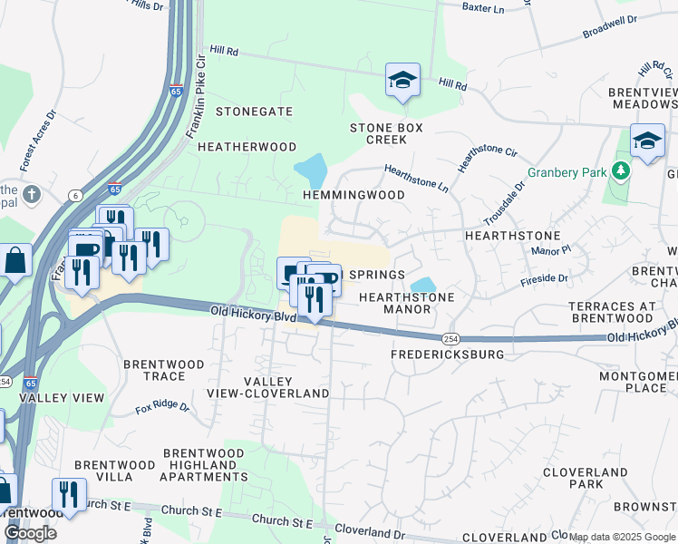map of restaurants, bars, coffee shops, grocery stores, and more near 317 Seven Springs Way in Brentwood